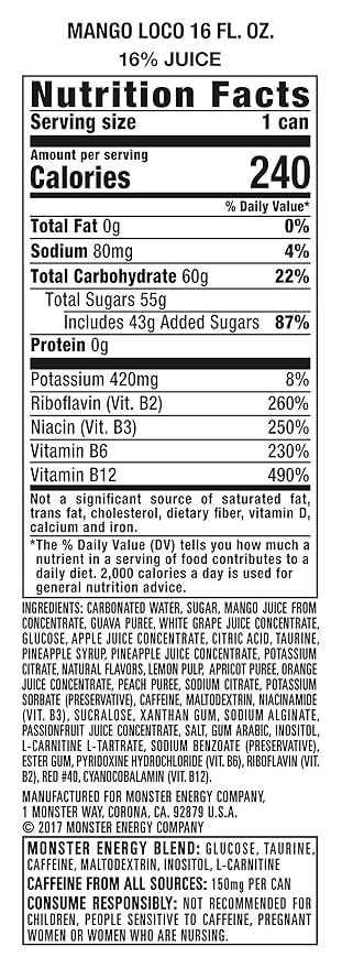 Monster Energy Juice Monster Mango Loco, Energy + Juice, Energy Drink, 16 Ounce (Pack of 15)