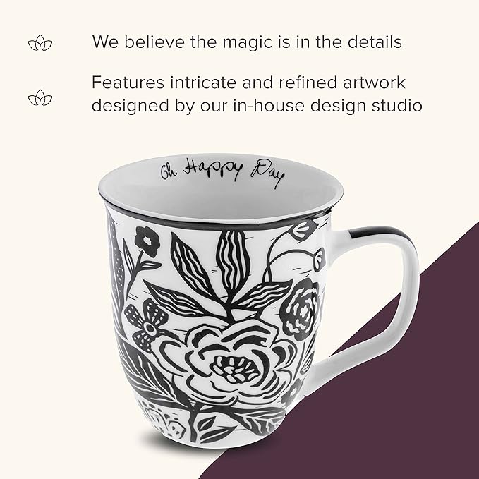 Karma Gifts 16 oz Black and White Boho Mug Floral - Cute Coffee and Tea Mug - Ceramic Coffee Mugs for Women and Men, 4.25" x 3.7"