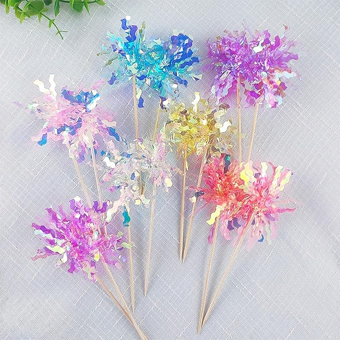 30 Pieces Happy Birthday Cake Toppers Foil Firework Cupcake Toppers Sparkle Tinsel Flower Drink Stirrers for Cake Decoration Party Supplies