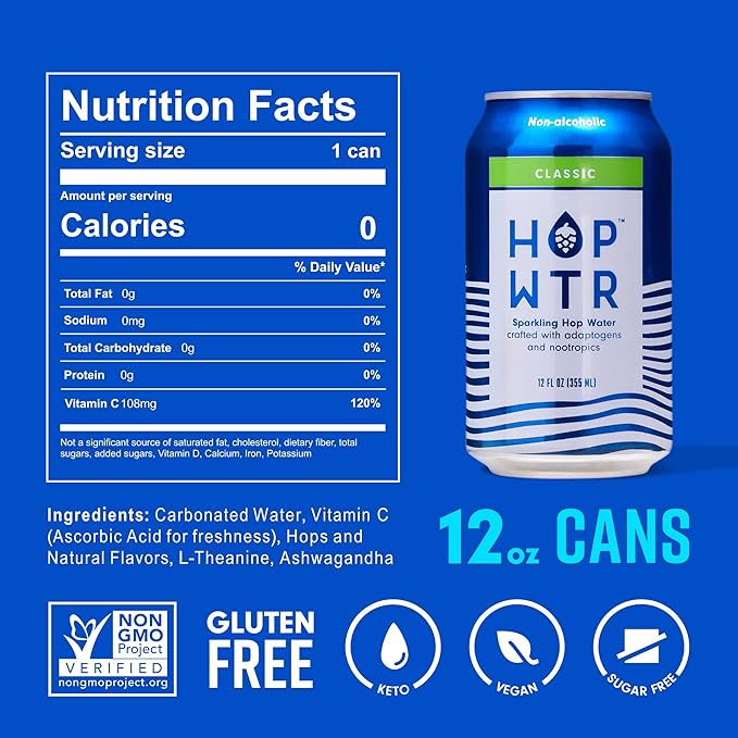 HOP WTR Sparkling Hop Water, Classic 12 Pack, Sugar Free, Low Carb Non Alcoholic Drinks, NA Beer, Adaptogen Drink, No Calories, Adaptogens & Nootropics for Added Benefits, 12 oz Cans