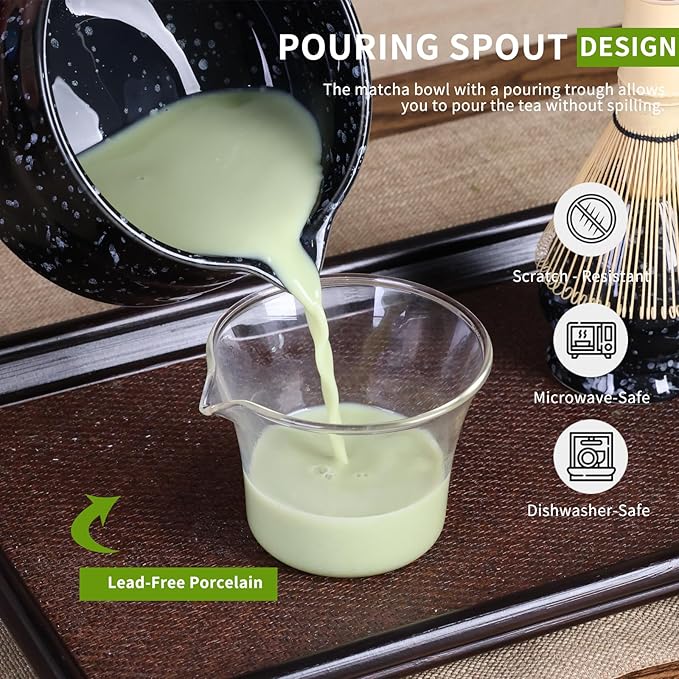 Japanese Ceramic Matcha Bowl - 16oz Speckle Glaze Chawan & Whisk Stand for Perfect Froth, Dishwasher Safe Black