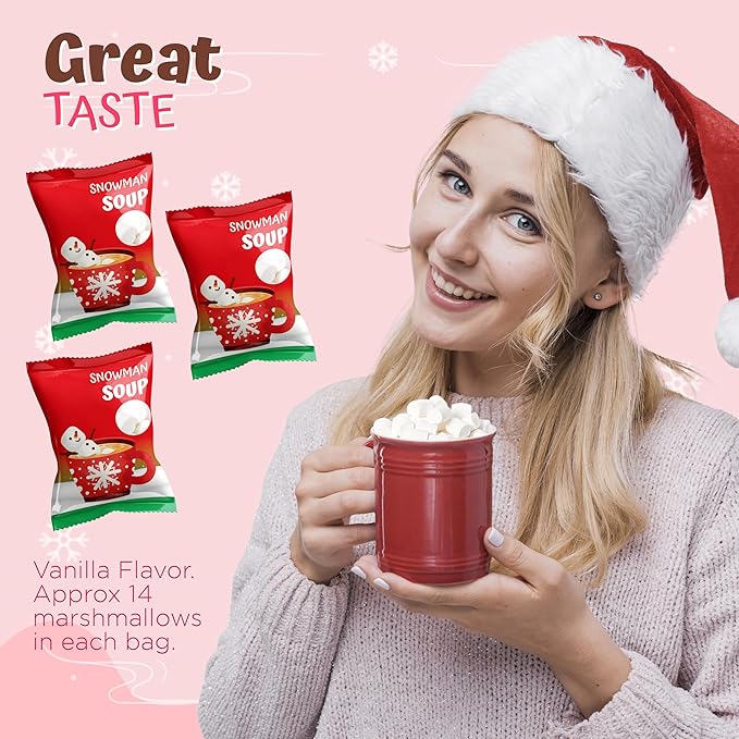 4E's Novelty 50 Packs "Snowman Soup" Mini Marshmallow Packets, Vanilla Flavored, 14 Marshmallows in Each Bag, Bulk Individually Wrapped Christmas Marshmallows For Hot Chocolate Bar Supplies Party Treats