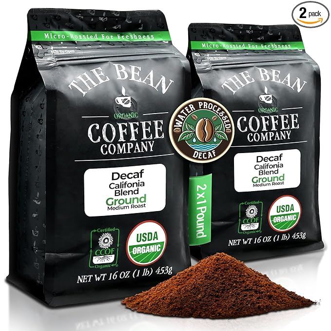 The Bean Organic Coffee Company Water Processed DECAF California Blend, Medium Roast, Ground Coffee, 16-Ounce Bags (Pack of 2), Café Molido Tostado Orgánico descafeinado