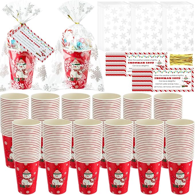 200 Sets Christmas Snowman Soup Kits for Classroom Coworker Gift 12 Oz Winter Snowman Paper Cups for Hot Cocoa Chocolate Marshmallow Soup Tags Clear Xmas Bags (Vibrant)