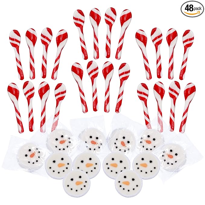 4E's Novelty Snowman Marshmmallow Toppers and Peppermint Spoons (24pc of Each) Candy Canes Spoons and Sugar Coated Snowman Face Marshmallows for Christmas Hot Chocolate Bar Supplies, Hot Cocoa Toppers Decorations