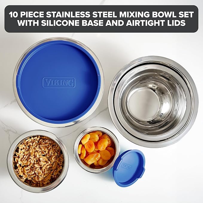 Viking Mixing Bowls Set, 10 Piece Stainless Steel Kitchen Cookware, Non-Slip Silicone Base, Includes Tight Fit Lids, Dishwasher Safe, Teal