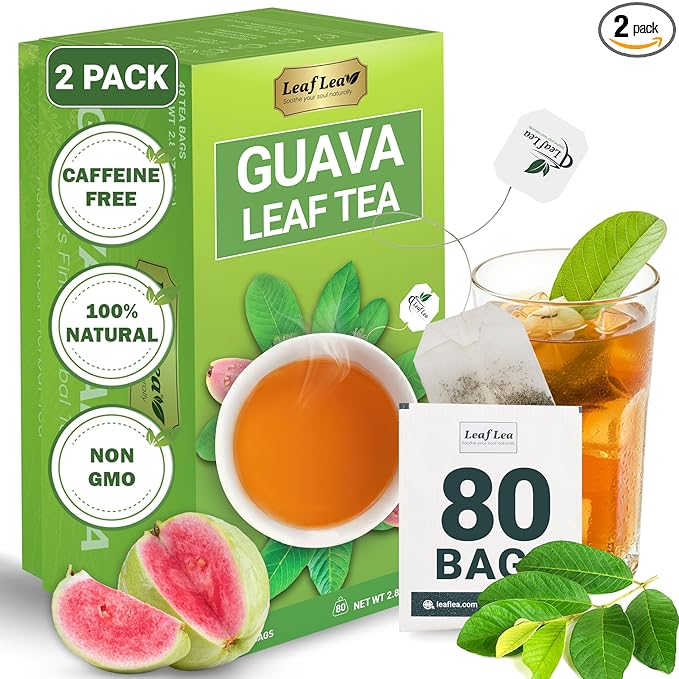 LeafLea Guava Leaf Tea, 80 Fresh-Sealed Tea Bags, Herbal Tea Made from Natural Guava Leaves (Hojas de Guayaba), Digestive Support & Immune Balance, Caffeine-Free, Sugar-Free, Pack of 2