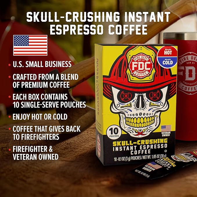 Fire Department Coffee - Skull Crushing Instant Espresso Coffee - Instant Coffee Packets Single Serve - Gives Back to Firefighters - Veteran Owned - Enjoy Hot or Cold (Pack of 60)