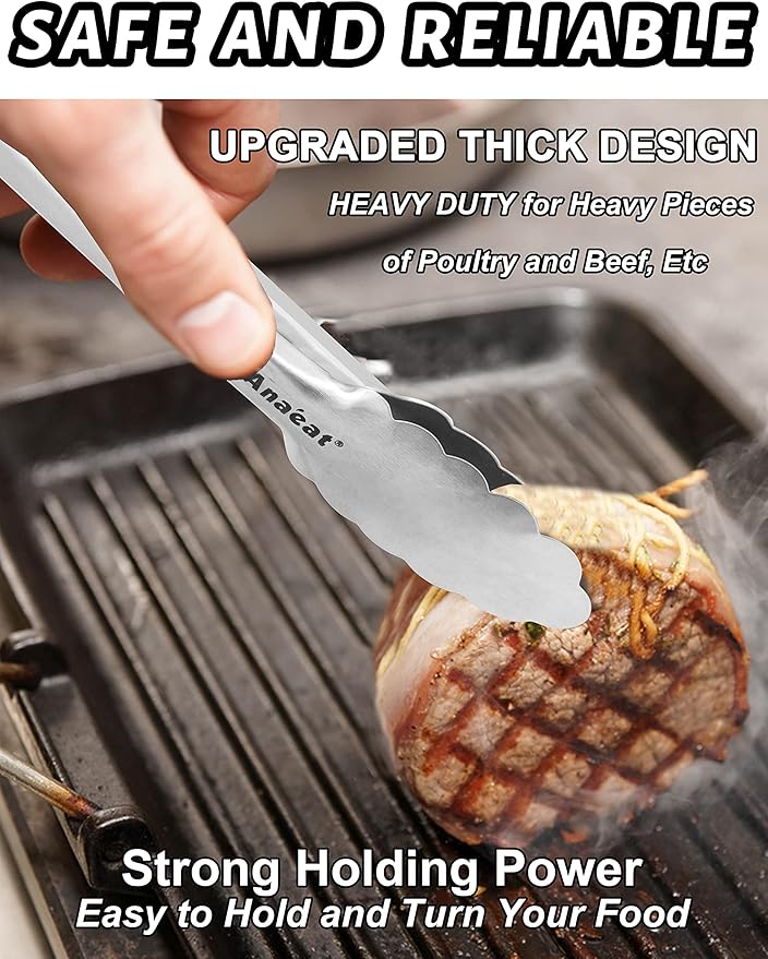 Anaeat 7" Mini Cooking Tong Stainless Steel - Sturdy Coiled Spring Locking Kitchen Food Tong with Non-Slip Silicone Grip for Serving, Cooking, Baking - Heat Resistant up to 480°F (Black)