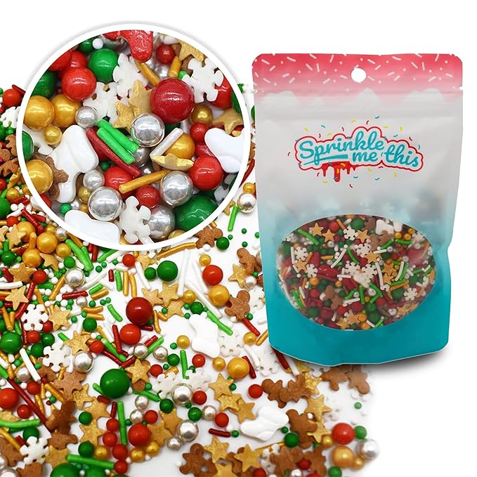Christmastime Treasures - 12 Oz Resealable Bag - Christmas Themed Sprinkle Mix - Features Snowflake Quins, Santa Boot Quins, Red, Silver, and Green Pearls and More - Ice Cream and Cake Sprinkles