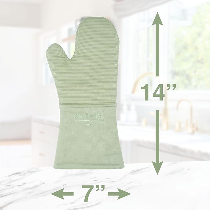 All-Clad Silicone Oven Mitts: Heat Resistant up to 500 Degrees - 100% Cotton & Silicone, 14"x7" Oven Mitt for Kitchen and Barbeque, 2-Pack, Fennel