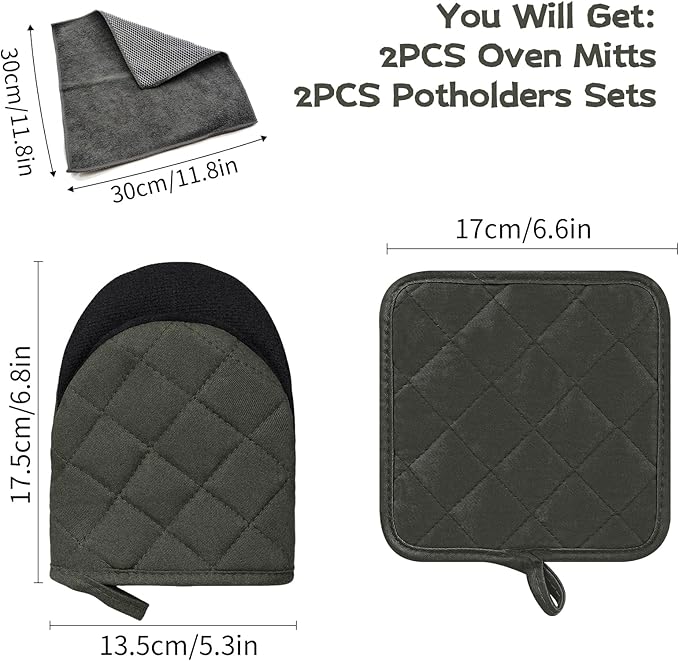 Kitchen Set Pack Of 5, Oven Mitts Pot Holders Pad And Towel Set, Heat Resistant Silicone Kitchen Mini Oven Mittens for 500 Degrees, Mini Oven Gloves and Hot Pads for Baking Grilling Barbecue Microwave
