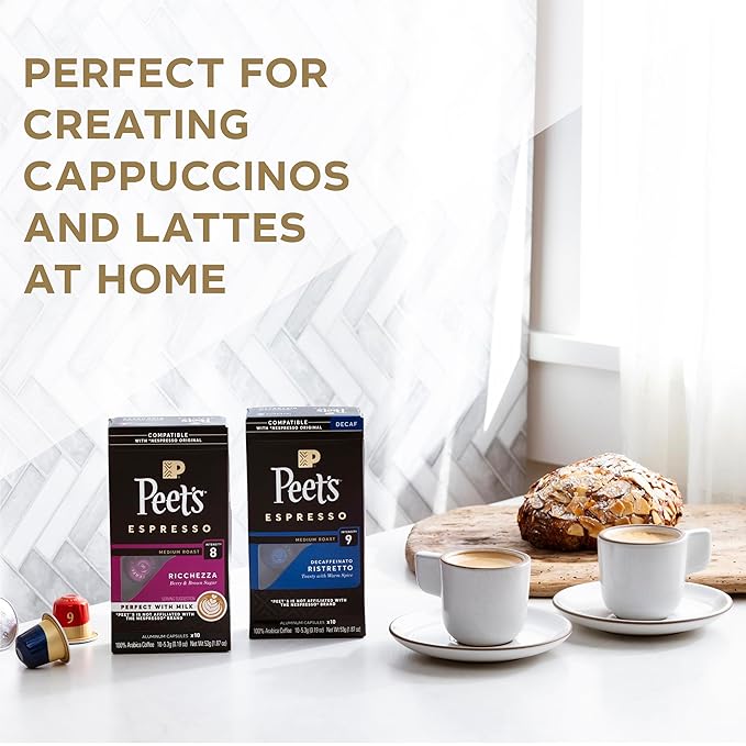 Peet's Coffee, Dark and Medium Roast Espresso Capsules Variety Pack with Decaf, Compatible with Nespresso Original Machine - Intensity 8-11, 50 Count (5 Boxes of 10 Espresso Capsules)