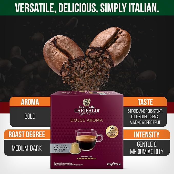 Gran Caffè Garibaldi Espresso Pods, Italian Roasted Coffee, Compatible Nespresso Original Line Machines, Nitrogen Flushed, Intense Aroma, Full-Bodied Crema - Dolce Aroma 200 Aluminum Cups