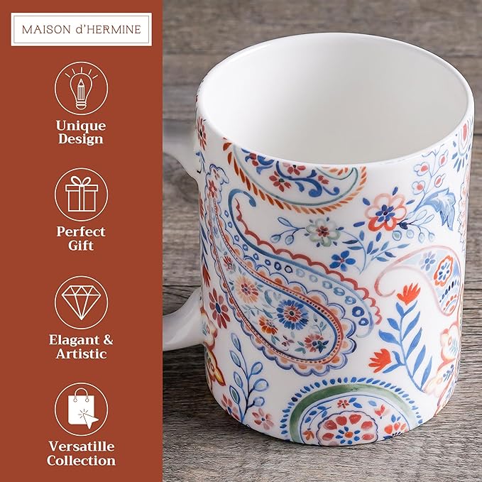 Maison d' Hermine Coffee Mug with Handles Fine Bone China Mugs Pack of One Tea Cups for Hot Beverages Cappuccino Latte Home Restaurant Office Perfect for Gift (Indian Floral - Paisley, 12 Ounce)