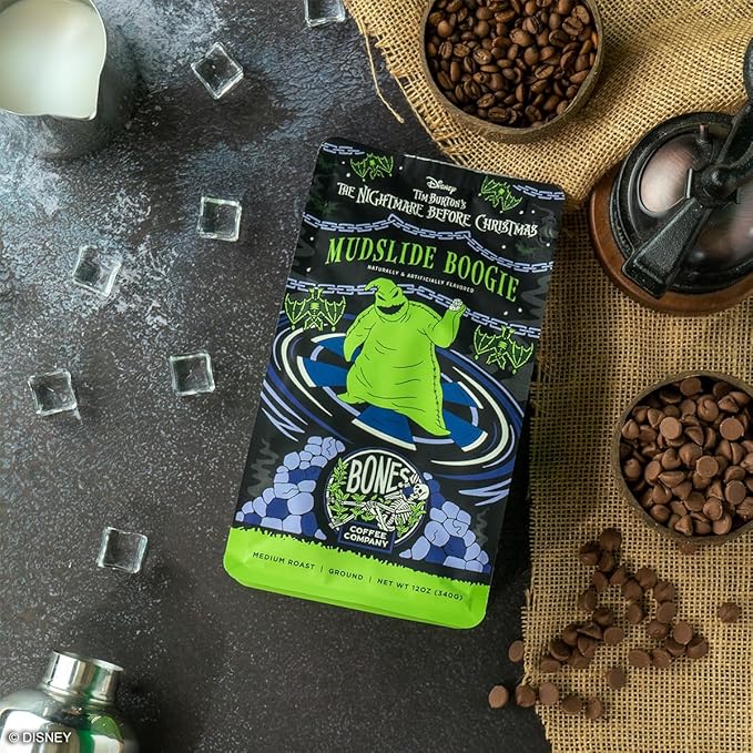 Bones Coffee Company The Nightmare Before Christmas Mudslide Boogie Flavored Coffee Beans, Medium Roast Ground Coffee Low Acid, Chocolate Mudslide Flavor (12 oz)