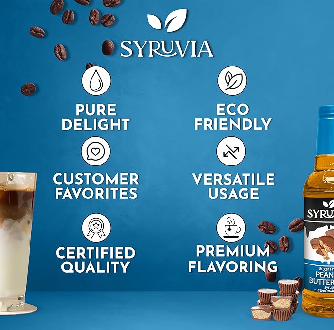 Syruvia Sugar Free Coffee Syrup, Peanut Butter Cup Flavored Syrup for Drinks, Lattes, and Desserts – 25.4 fl oz