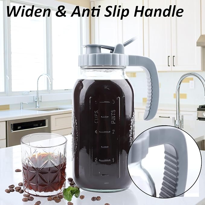 Cold Brew Coffee Maker 64 OZ Mason Jar Cold Brew Pitcher With Infuser 2 Quart Wide Mouth Iced Coffee Maker With Pour Spout Lid And Handle Half Gallon Airtight & Leakproof Pitcher For Fridge