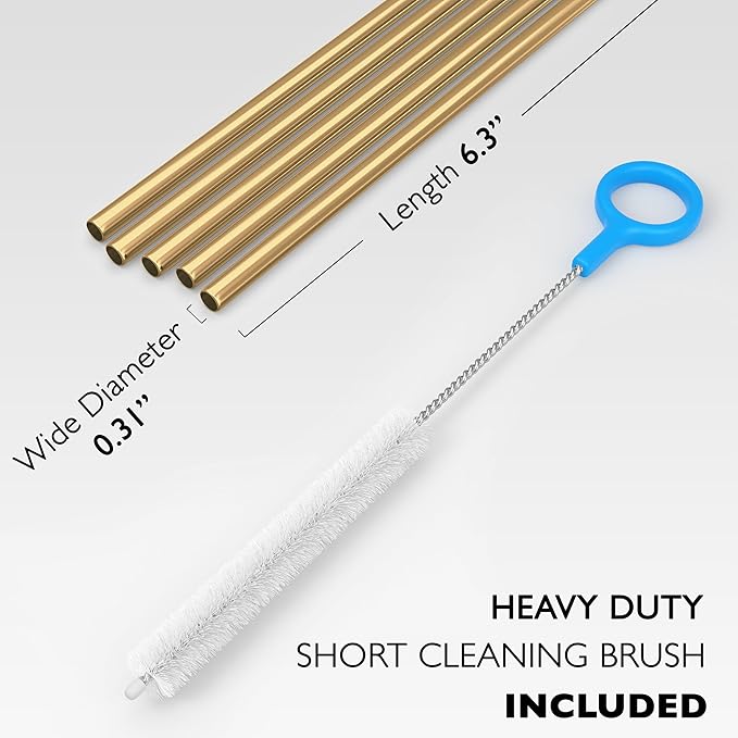 5 Short Wide Stainless Steel Straws with Cleaning Brush. 6.3" Long Metal Cocktail Straws Reusable, 12-14 oz Tumblers, Kids Smoothies, Shakes - Dishwasher Safe Hard Drinking Straws. GOLD
