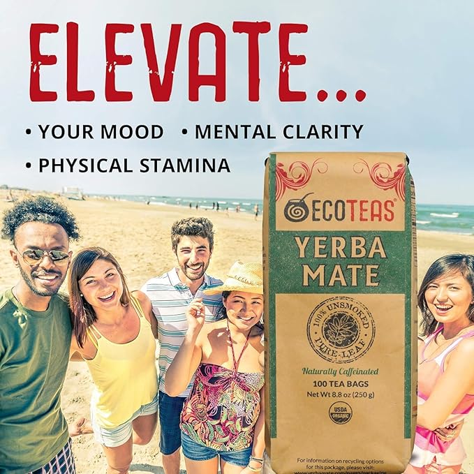 ECOTEAS Premium Organic Yerba Mate Tea Bags – Natural Energy & Detox Herbal Tea – Coffee Alternative - Kosher, Non-GMO, Gluten-Free - 100 Unsmoked Bulk Bags, 8.8 oz (Pack of 2)