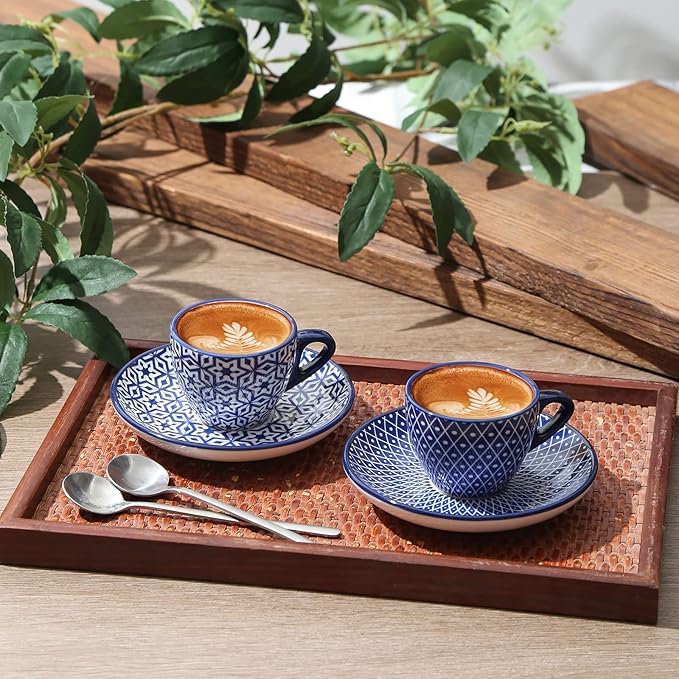 Selamica Ceramic 2 oz Espresso Cups, Small Expresso Coffee Cup Set with Saucers, Porcelain Mini Demitasse Cups for Latte Mocha Tea, Set of 6, Vintage Blue
