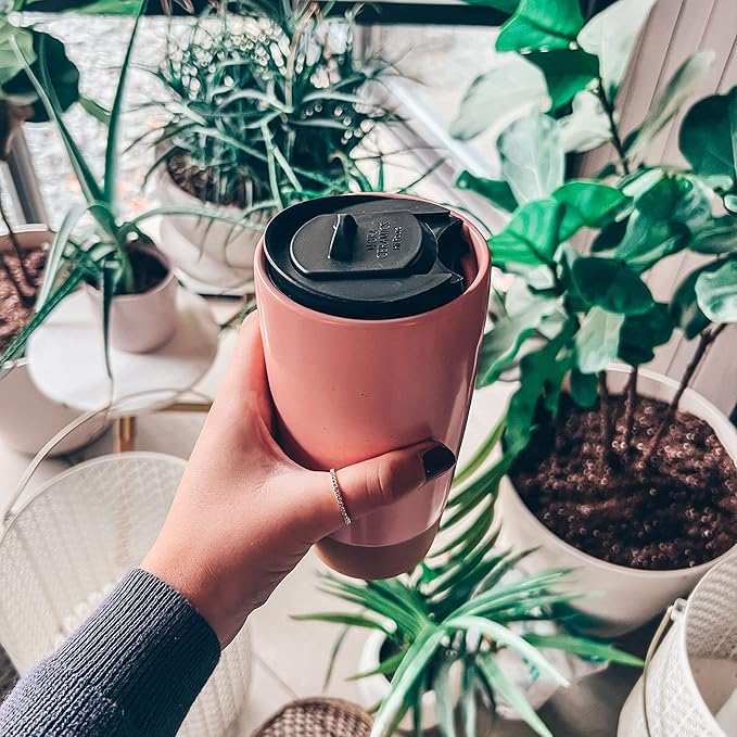 Mora Double Wall Ceramic Coffee Travel Mug with Lid, 14 oz, Portable, Microwave, Dishwasher Safe, Insulated Reusable Tall Cup, Splash Resistant Lid - To Go Tumbler for Car Cup Holder, Pink Salt