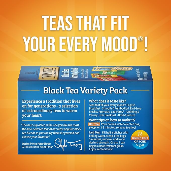 Twinings Variety Pack Black Tea Bags, 20 Count (Pack of 1), Includes English Breakfast, Earl Grey, Irish Breakfast, and Lady Grey, Caffeinated, Enjoy Hot or Iced, 20 Teabags