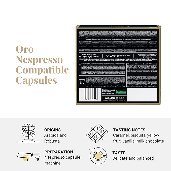 Caffe' Vergnano 1882 Medium Roast Espresso Original Line Machine Compatible Capsules, Arabica Robusta Espresso Coffee, Italian Coffee For Nespresso Coffee Machines, Intensity 4/10, Oro, 100 Ct