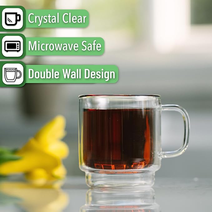 BTaT- Stackable Espresso Cups, Set of 4 (5.0 oz, 150 ml), Double Wall Glass Coffee Mugs, Clear Tea Cup, Demitasse