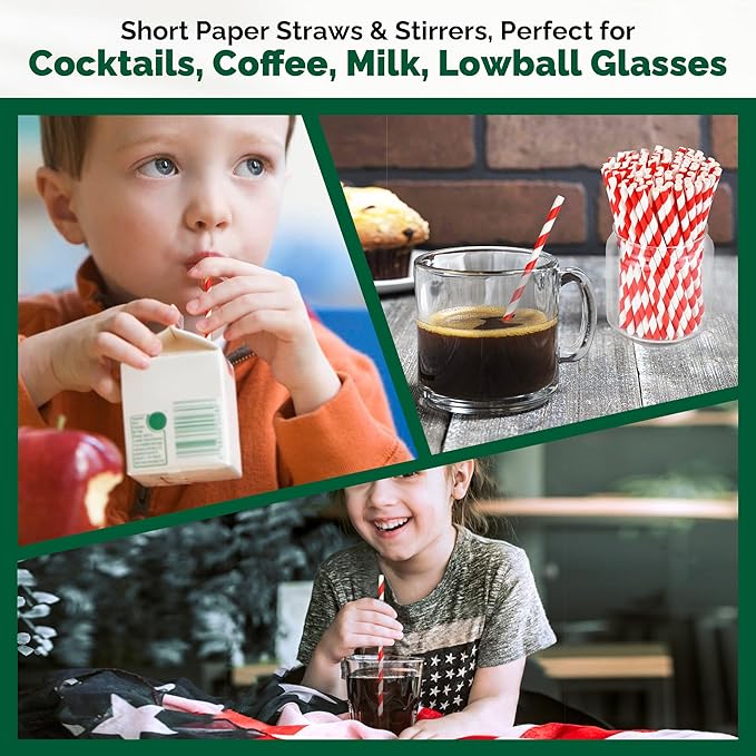 [500 Counts] Chunspak 5.75 inch Disposable Red White Striped Small Paper Straws for Cocktail, Coffee and Short Drinks - Eco-friendly