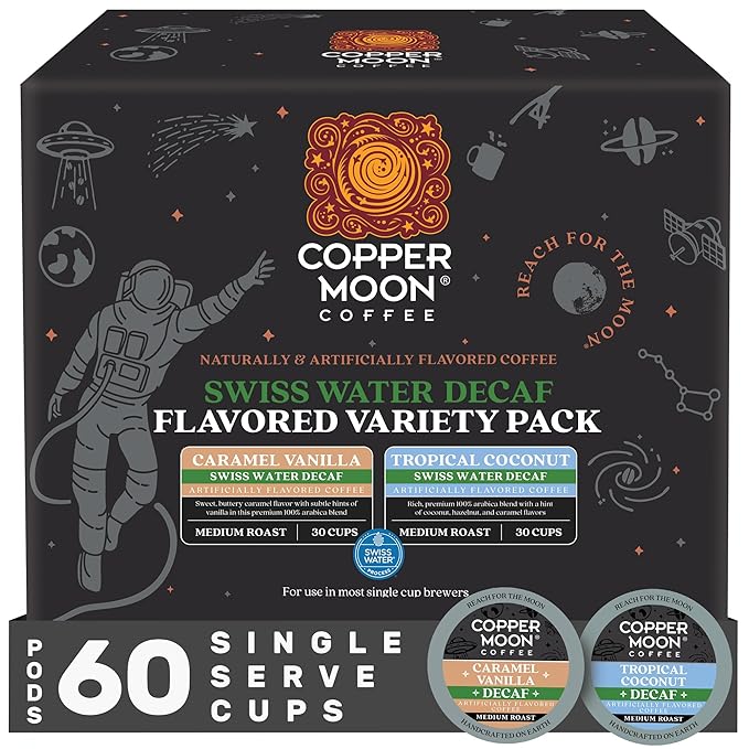 Copper Moon Coffee Swiss Water Decaf Flavored Variety Pack, 60 Count