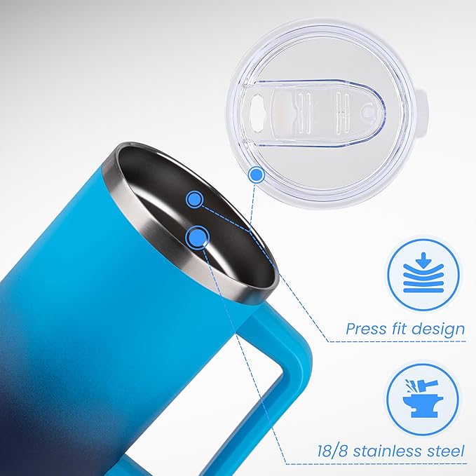 DOMICARE 40 oz Tumbler with Handle and Straw, Stainless Steel Tumbler with Lid and Straw, Reusable Vacuum Insulated Cup, Travel Coffee Mug, Blue Gradient, 4Pack