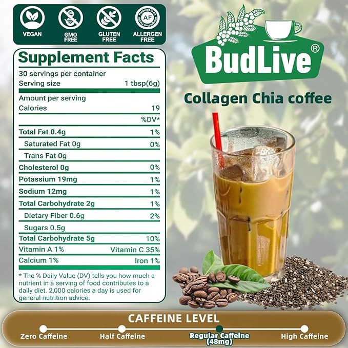 20X Collagen Chia Coffee, 11 in 1 Shape Coffee Mix with Collagen & Chia Seeds, Goji Berry, Supports Hair, Skin & Nails, Boost Beauty & Energy, Sugar Free, Vegan, Gluten-Free, 30 Servings