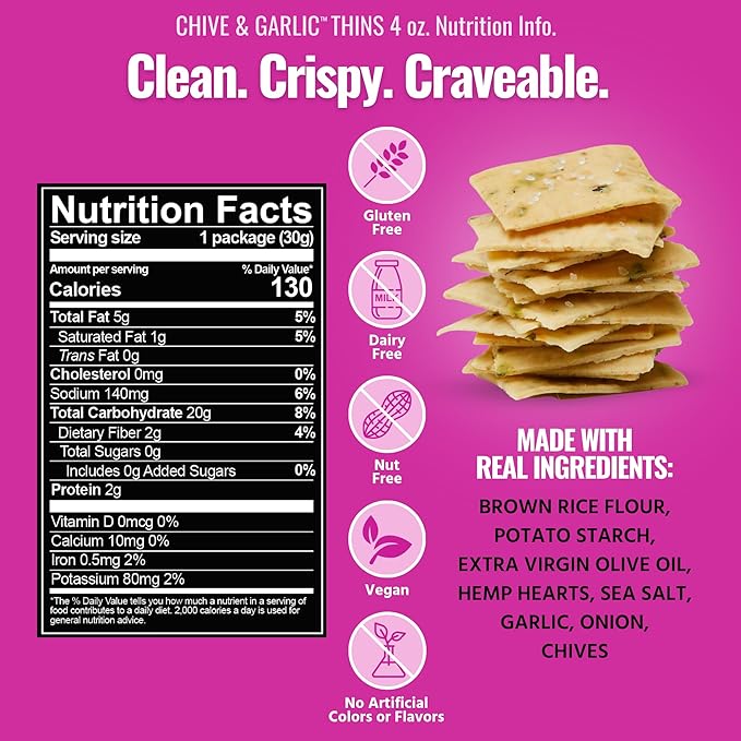 Every Body Eat Snack Thins, Gluten & Dairy Free, Vegan, School Safe Lunch Snacks, Chive & Garlic (20 Single Serve Bags, 1.1oz)