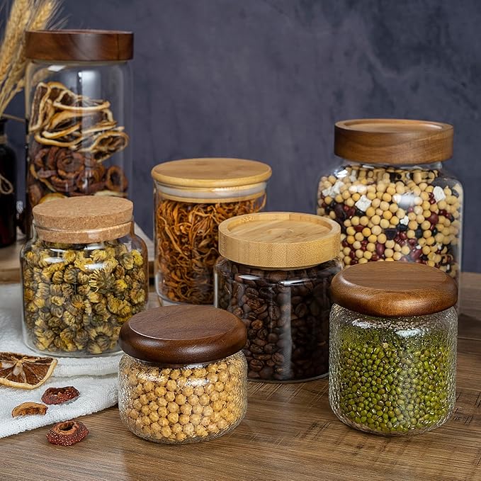 1PC Glass Storage Jars with Airtight Lids, 28 fl oz (850ml) coffee container with Wooden Lid, Glass Pantry Canister for Beans, Rice, Sugar and etc
