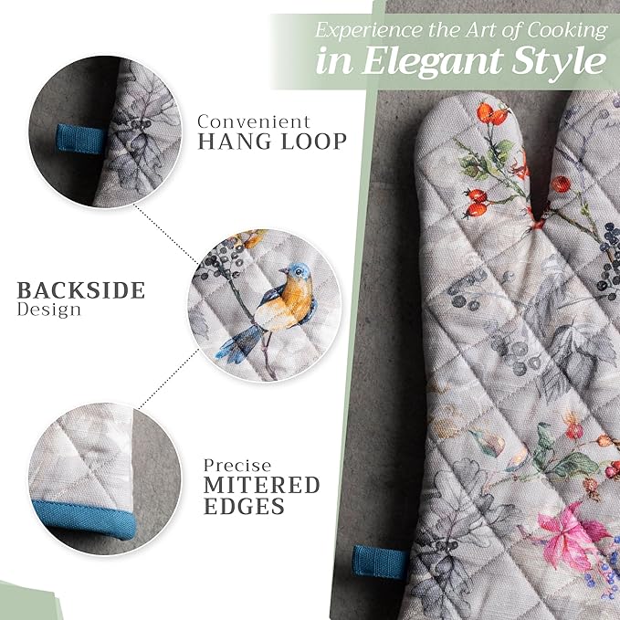 Maison d' Hermine 100% Cotton Oven Mitt & Pot Holder Set (7.5"x13" & 8"x8") Heat Resistant BBQ Cooking Gloves with Loop, Baking, Grilling, Kitchen, Handling Hot Pans (Equinoxe - Grey)