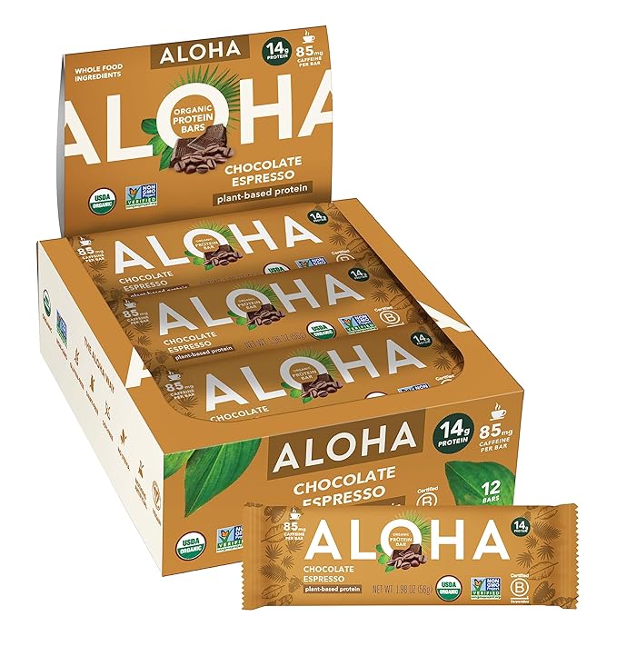 ALOHA Organic Plant Based Protein Bars - Chocolate Espresso (85mg Caffeine) - 12 Bars, Vegan, Low Sugar, Gluten-Free, Paleo, Low Carb, Non-GMO, No Stevia, No Erythritol