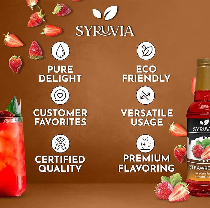 Syruvia Strawberry Syrup (25.4 fl oz) - Sweet Strawberry Bliss in a Bottle – Kosher, Gluten-Free, Ideal for Elevating Your Culinary and Beverage Adventures