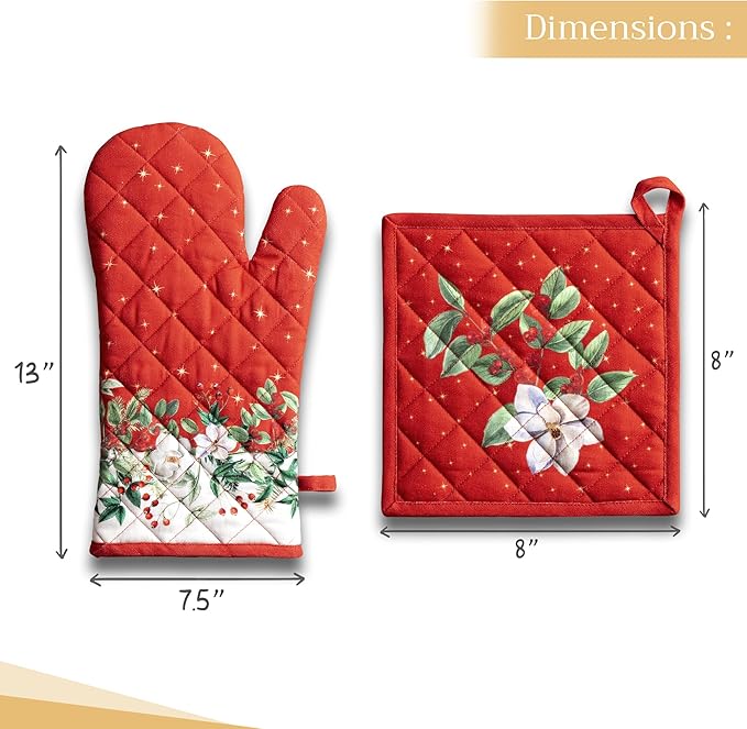 Maison d' Hermine 100% Cotton Oven Mitt & Pot Holder Set (7.5"x13" & 8"x8") Heat Resistant BBQ Cooking Gloves with Loop, Baking, Grilling, Kitchen, Handling Hot Pans (Noel)