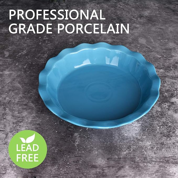 Bosmarlin Ceramic Pie Pan, 9 Inches Pie Dish, 50 oz, Pie Plate for Baking, Microwave, Oven Safe and Dishwasher safe (Cerulean blue, 9 inches)