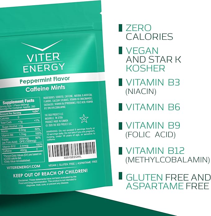 Viter Energy Caffeinated Mints 40mg Caffeine, B Vitamins, Sugar Free. (Peppermint, 8oz, Bulk Bag)