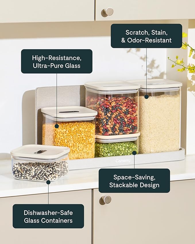 Caraway 1qt Glass Airtight Food Storage Container with Lid – Non-Toxic, BPA-Free Kitchen Storage Container – Stackable, Space-Saving Airtight Container for Dry Goods and More - Sage