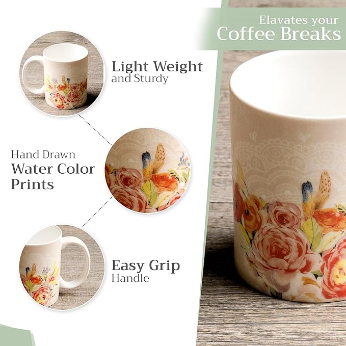 Maison d' Hermine Coffee Mug with Handles Fine Bone China Mugs Pack of One Tea Cups for Hot Beverages Cappuccino Latte Home Restaurant Office Perfect for Gift (Ibiza - Beige - Rose, 12 Ounce)