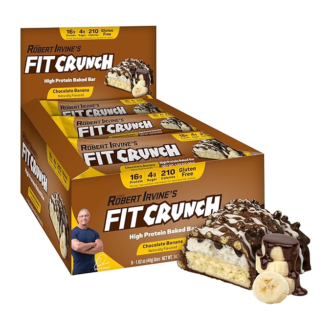 FITCRUNCH Snack Size Protein Bars, 6-Layer Baked Bar, 4g of Sugar, Gluten Free & Soft Cake Core (9 Bars, Chocolate Banana)