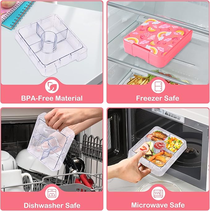 Bento Lunch Box Set With 10oz Soup Thermo, Leak-proof Lunch Containers with 4 Compartment, Kids Hot Thermo Food Jar/Insulation Lunch Bag, Food Containers for School（Rainbow）