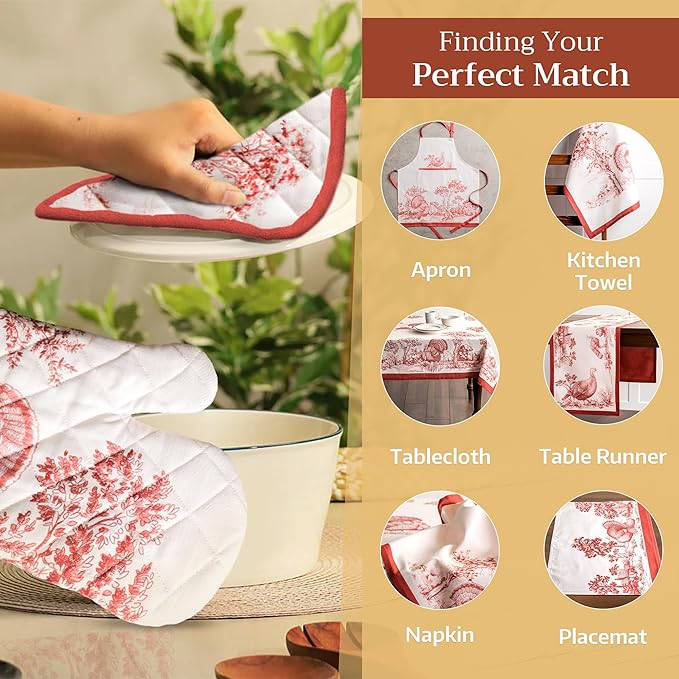 Maison d' Hermine Oven Gloves 100% Cotton Oven Mitt 7" x 13" with Loop Heat Resistant, BBQ, Cooking Gloves, Baking, Grilling, Kitchen, Handling Hot Pans (Pack of 1, Holy Jouy - Red)