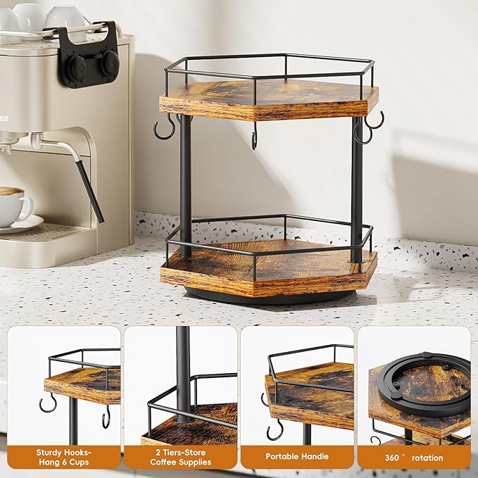 KLM 2 Tier Coffee Bar Organizer Countertop Station Shelf for Home Office, Multi-Functional Coffee Mug Cup Holder Stand, Accessory Storage Rack with 6 Hooks, 360° Rotated Coffee Cup Holder for Counter