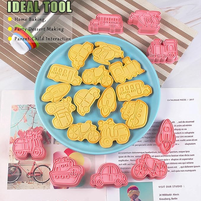 8 Pcs Transportation Vehicle Cookie Cutters Set Baking Molds 3D Transportation Vehicle Press type Cookie Cutter for Baking, Fondant, Cheese, and Pastries