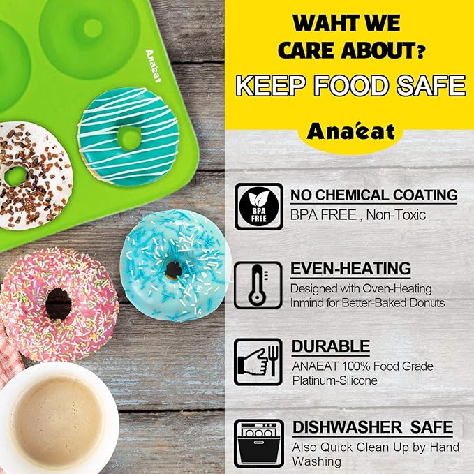 Anaeat 2 Pack Donut Pan Silicone Baking Mold, Just Pop Out! Non-Stick Doughnuts Baking Pans BPA Free for 6 Full-Size Donuts, Muffins, Cake Biscuit Bagels - Easy Clean, Oven, Dishwasher Safe (Green)
