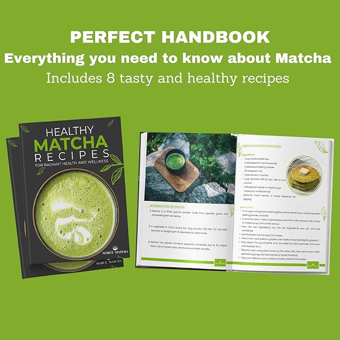 Marce Matcha Whisk Set- Matcha Set includes Matcha Whisk and Bowl with Spout, Sifter, Holder and Scoop- The Perfect Bamboo Whisk for Matcha Tea (White)